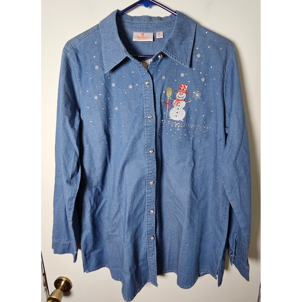 Quacker Factory Vintage Snowman Denim Shirt Blue Rhinestone Christmas Medium NWT